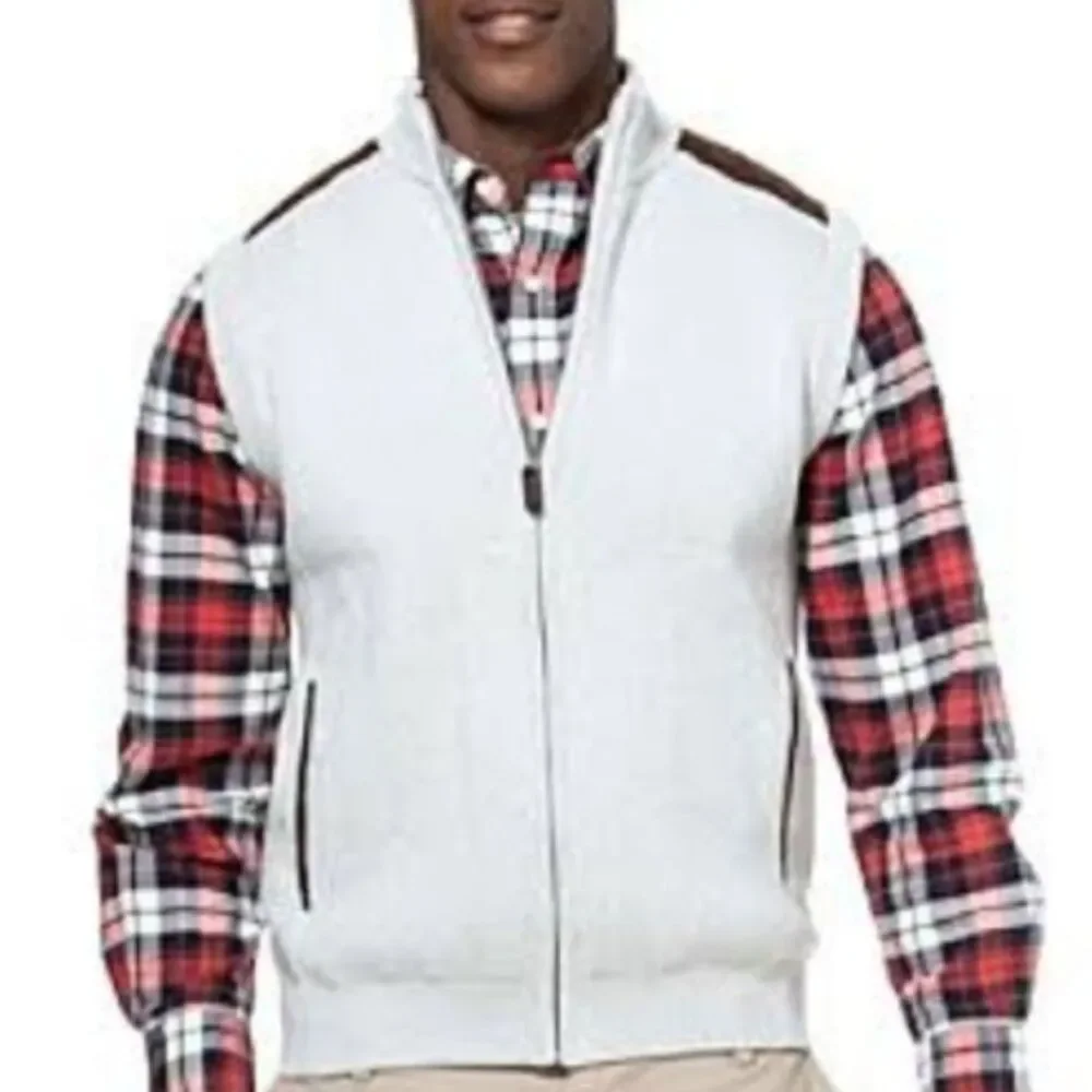 Chaps‎ Brown Faux Suede Accented Beige Full Zip Sweater Vest Size S
